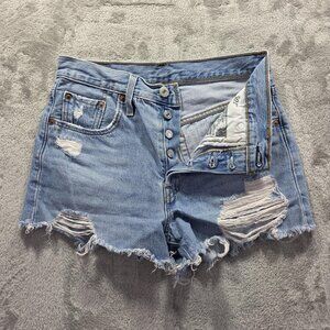 Levis 501 Shorts Womens 25 Blue Distressed Denim High Rise Button Fly Frayed Hem